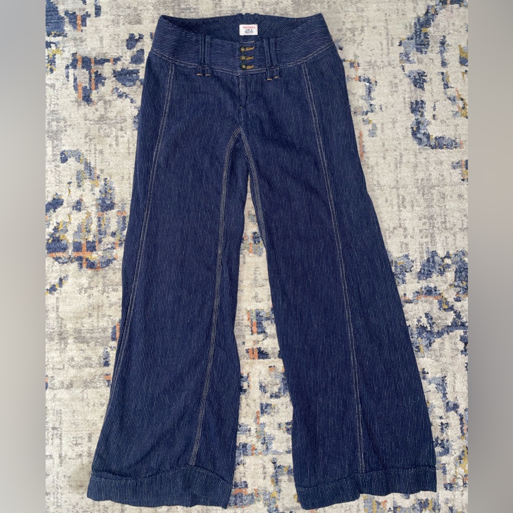 Free People Blue and White Stitched Wide Leg Pants